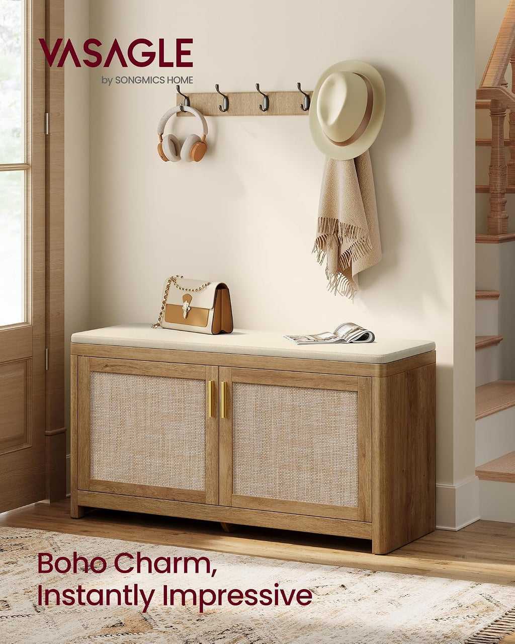 Boho Cushioned Shoe Bench Natural Brown