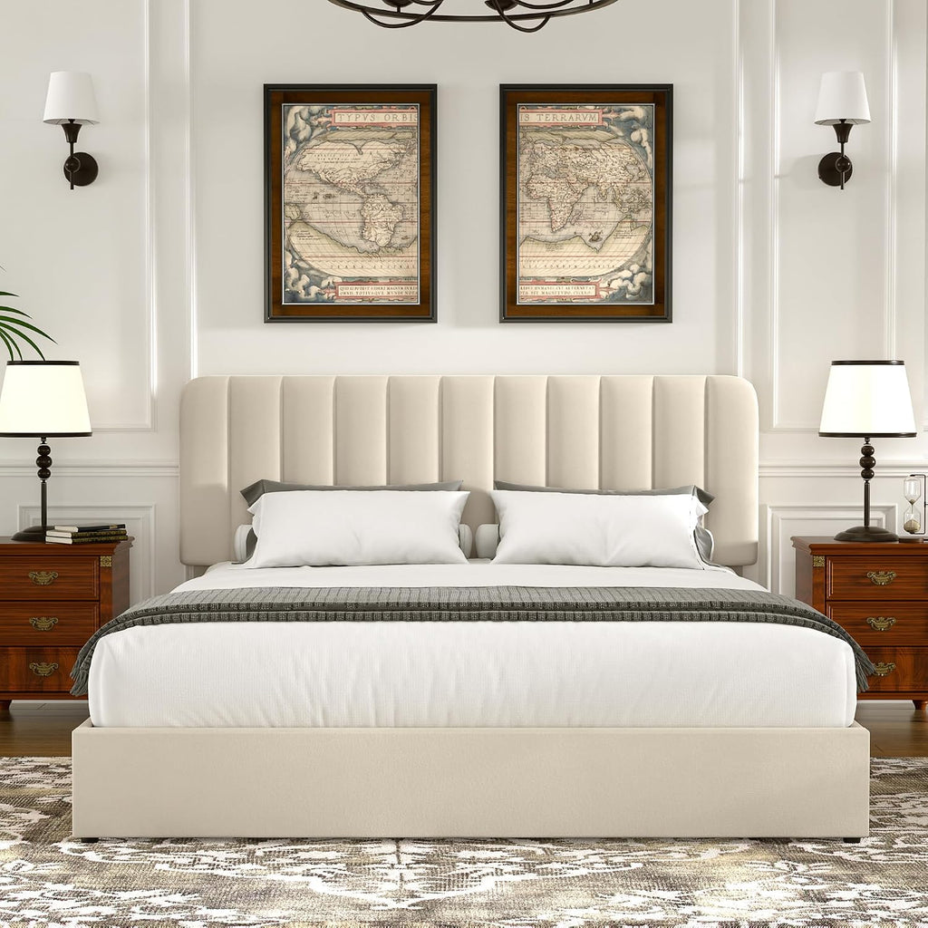 VECELO Beige Velvet Full Storage Bed