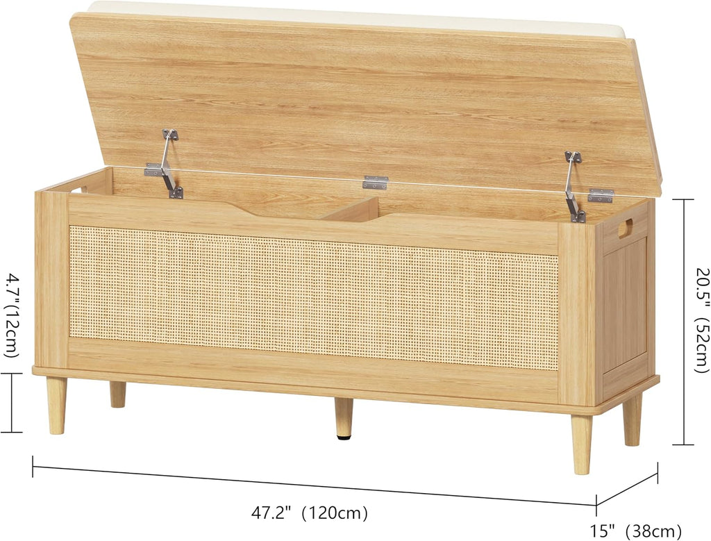 47.2" Oak Rattan Storage Bench Cushioned Seat