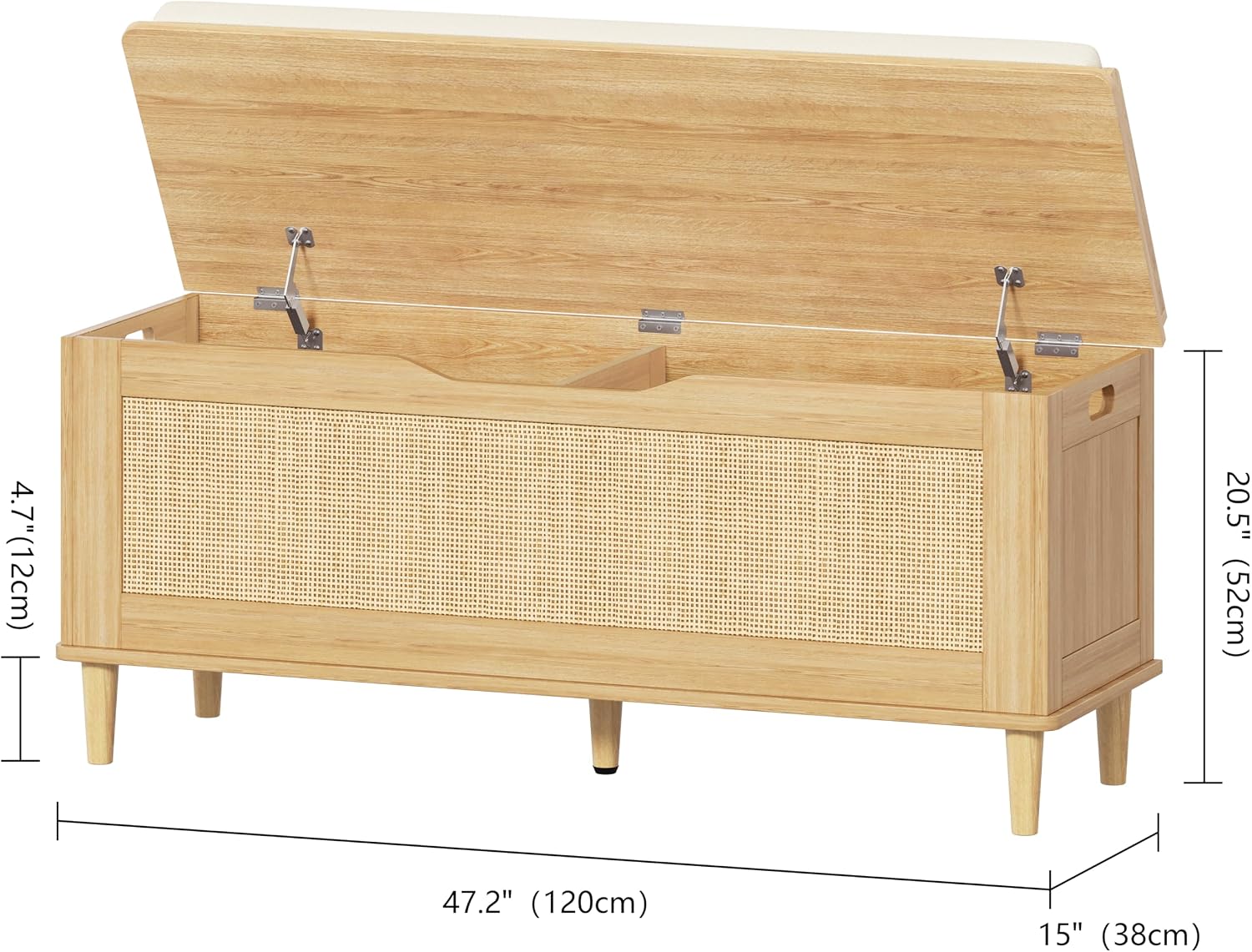 47.2" Oak Rattan Storage Bench Cushioned Seat