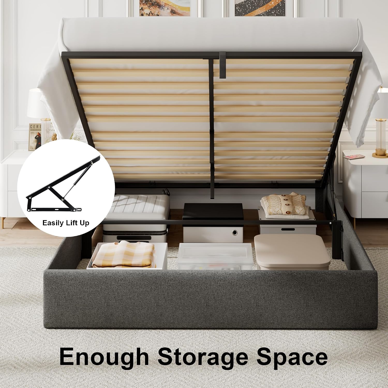 Feonase Dark Gray Lift Storage Queen Bed
