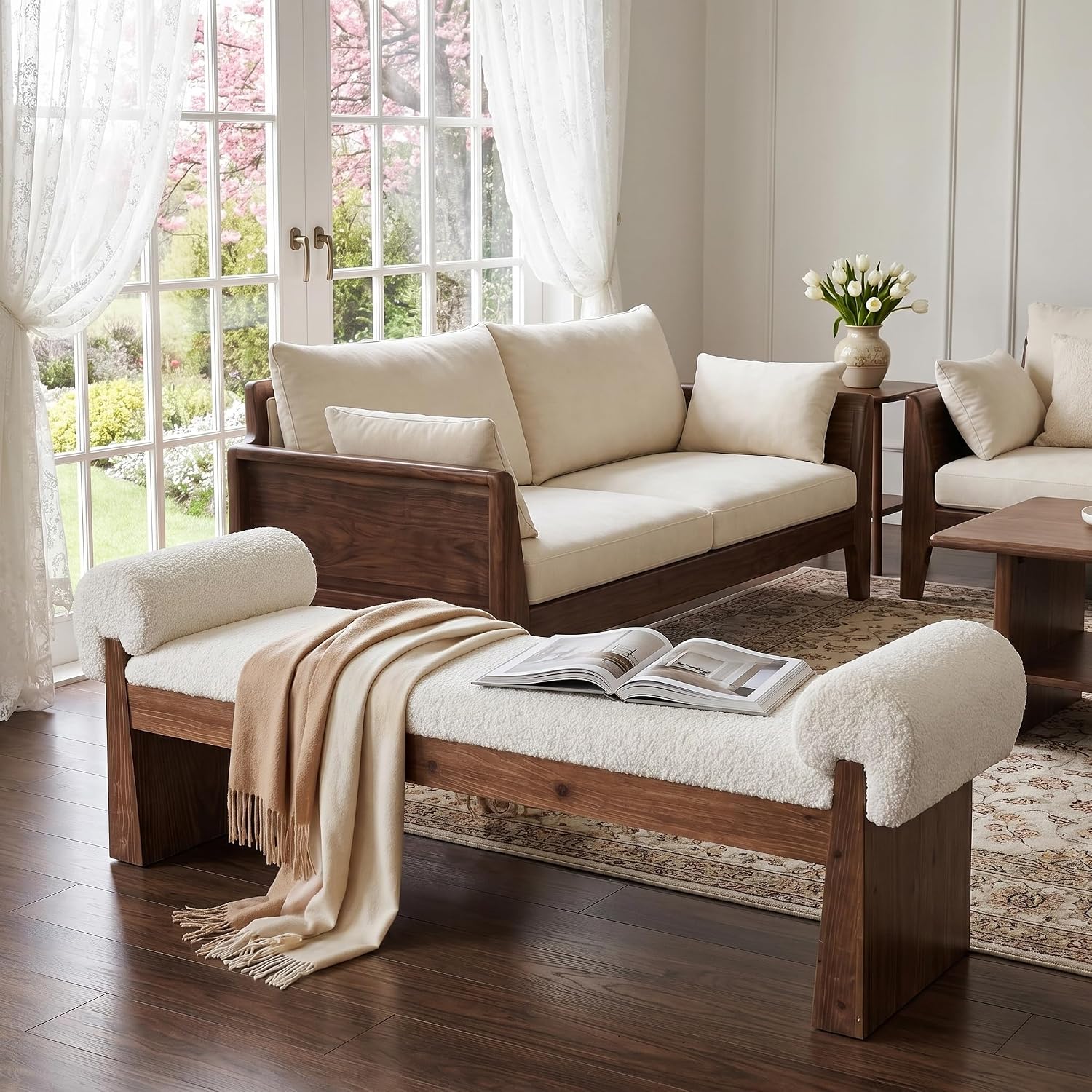 Sherpa Armrest Solid Wood Ottoman Bench