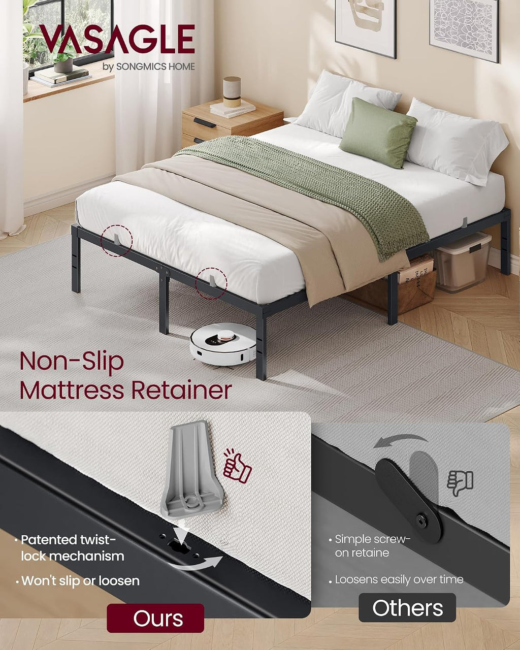VASAGLE Matte Black Full Metal Bed Frame