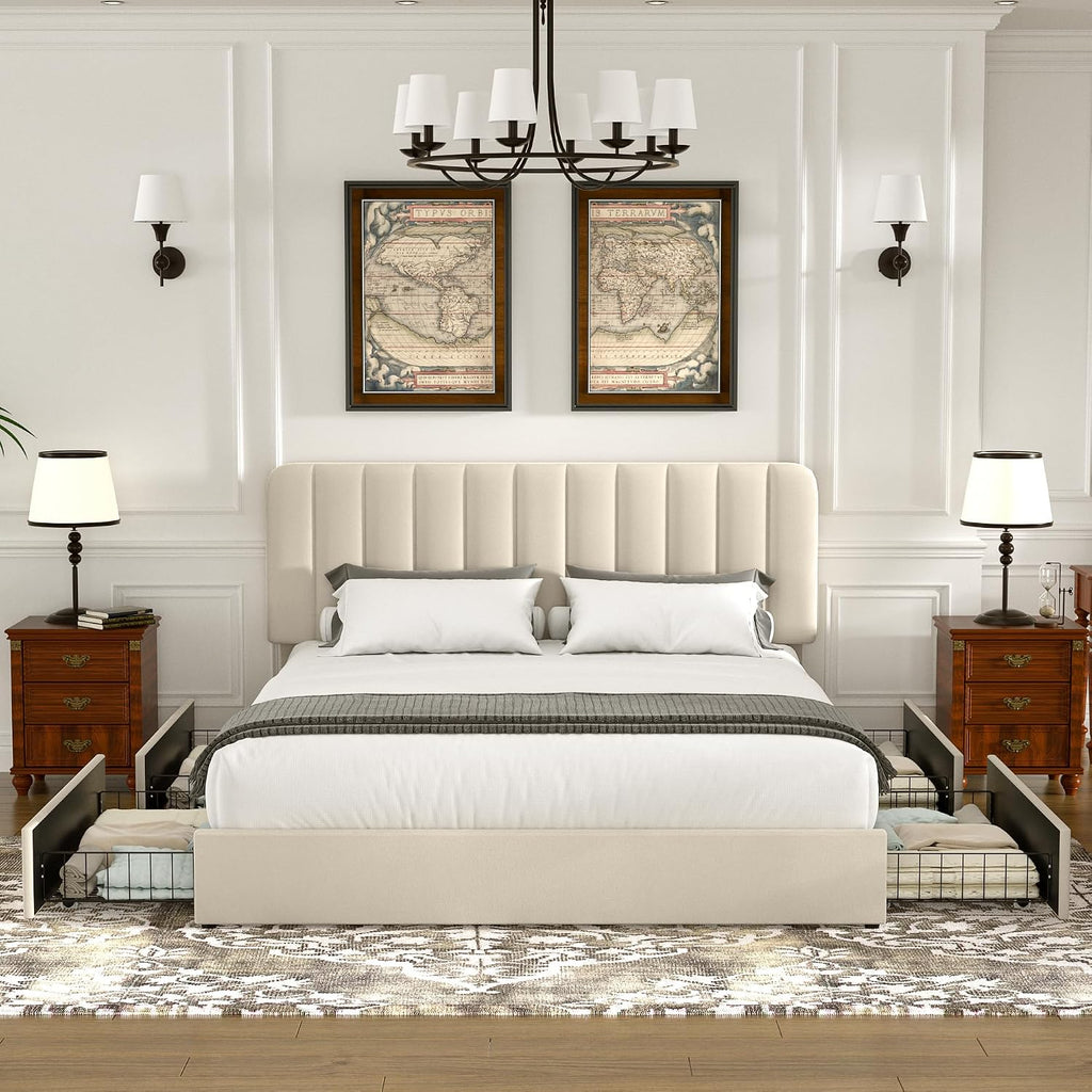 VECELO Beige Velvet Full Storage Bed