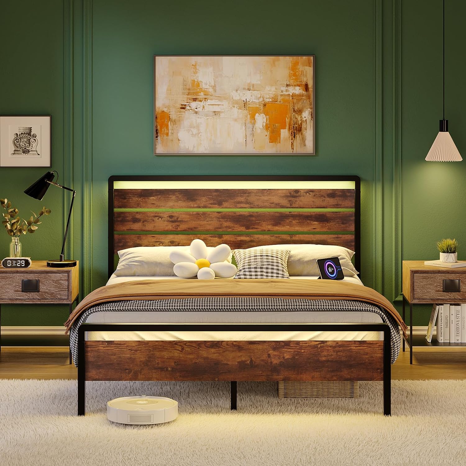 VINGLI Industrial LED Platform Bed Frame