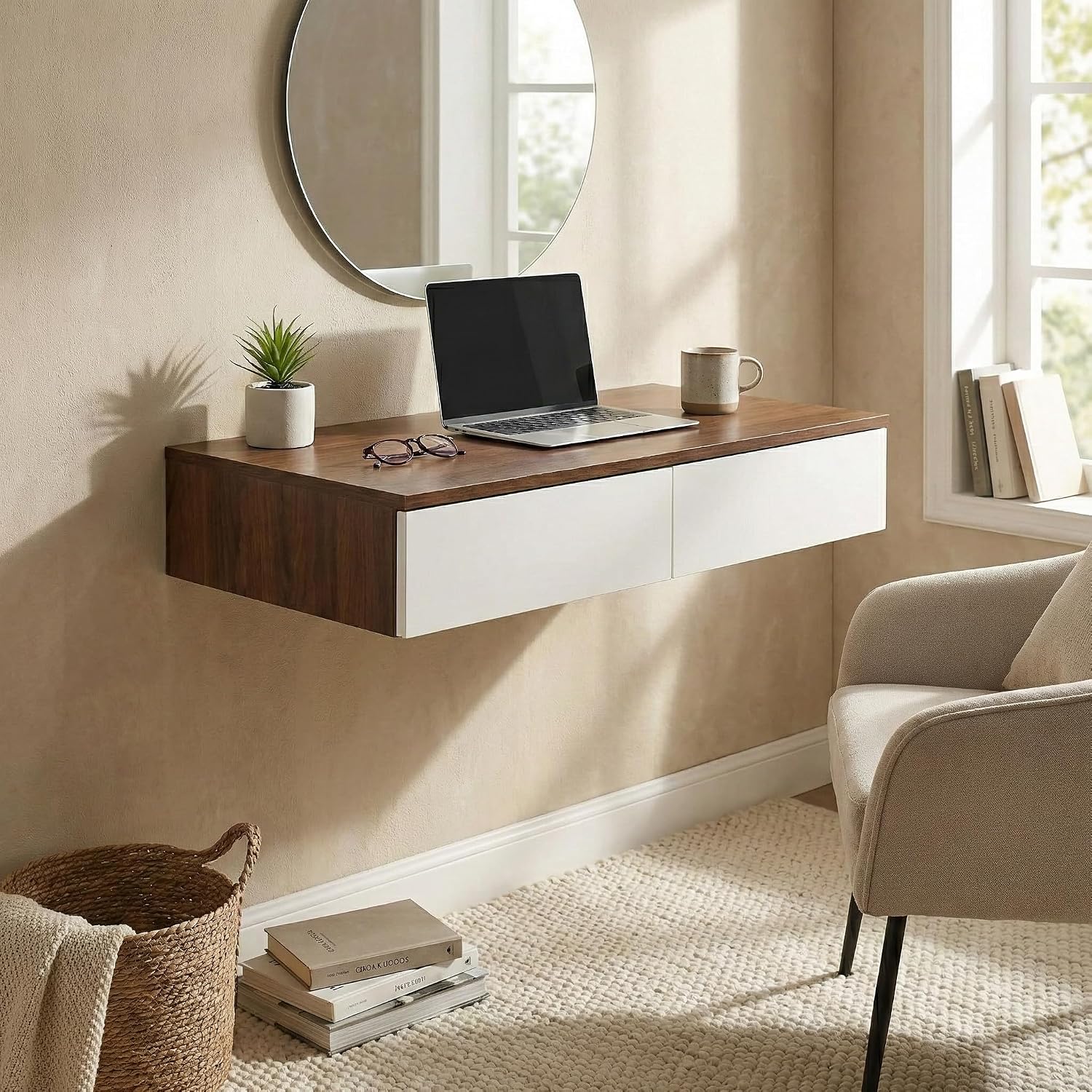 Brown Wall Mounted Floating Vanity Desk