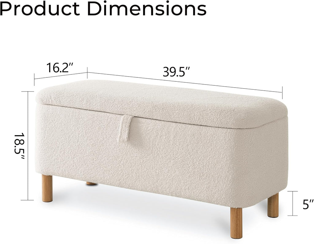 White Boucle Sherpa Storage Ottoman Bench