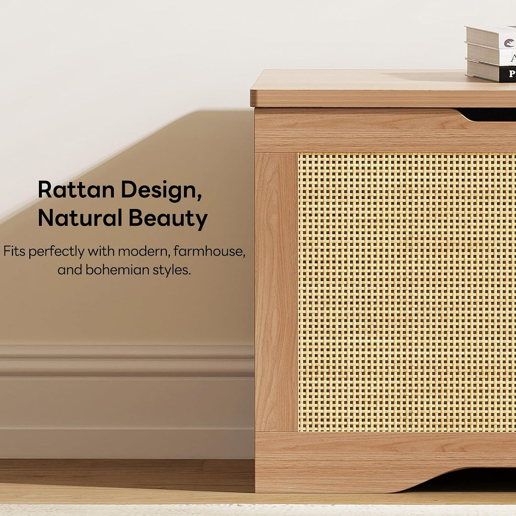 47.2" Rustic Wood Rattan Storage Ottoman Bench