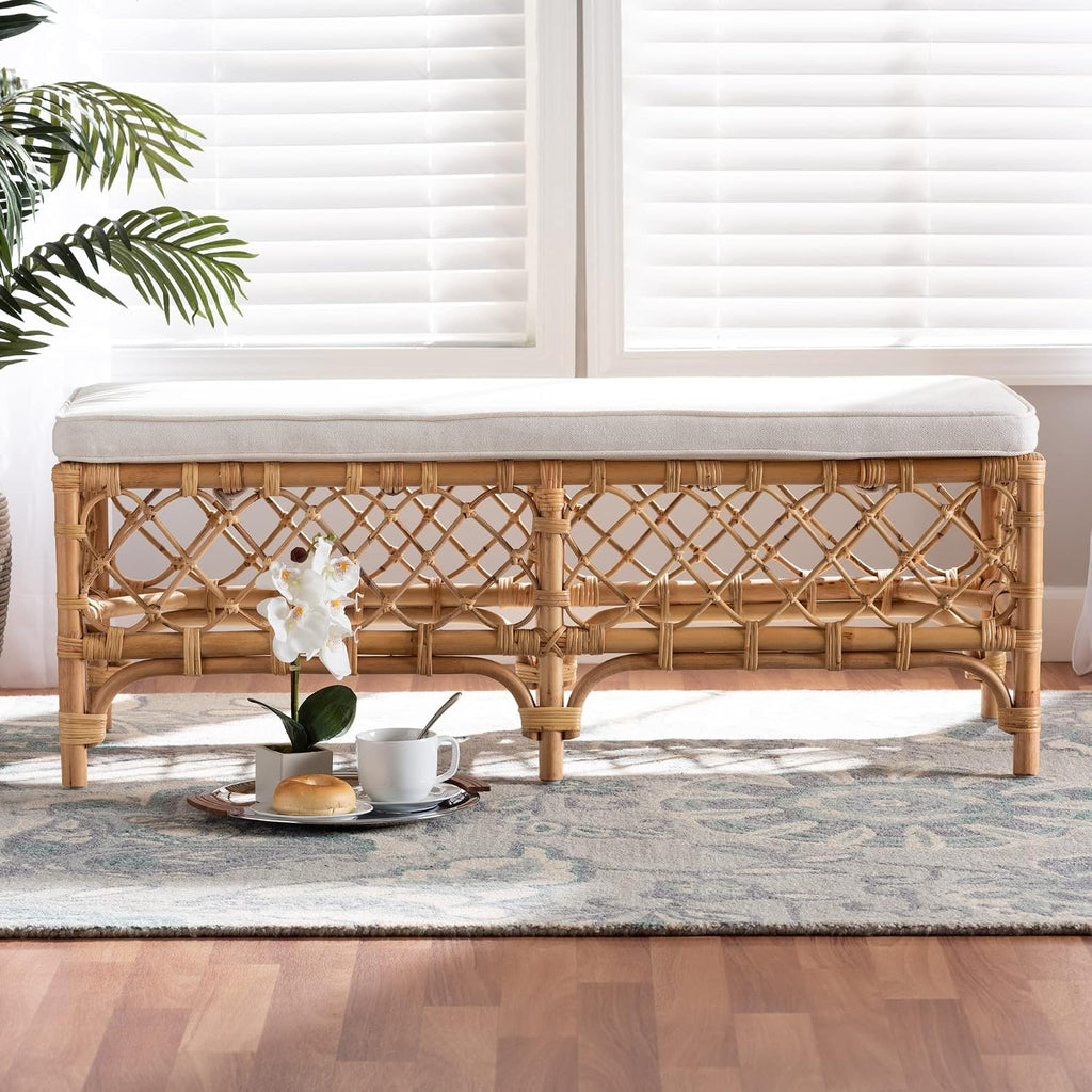 48" Natural Rattan Bench White Cushion