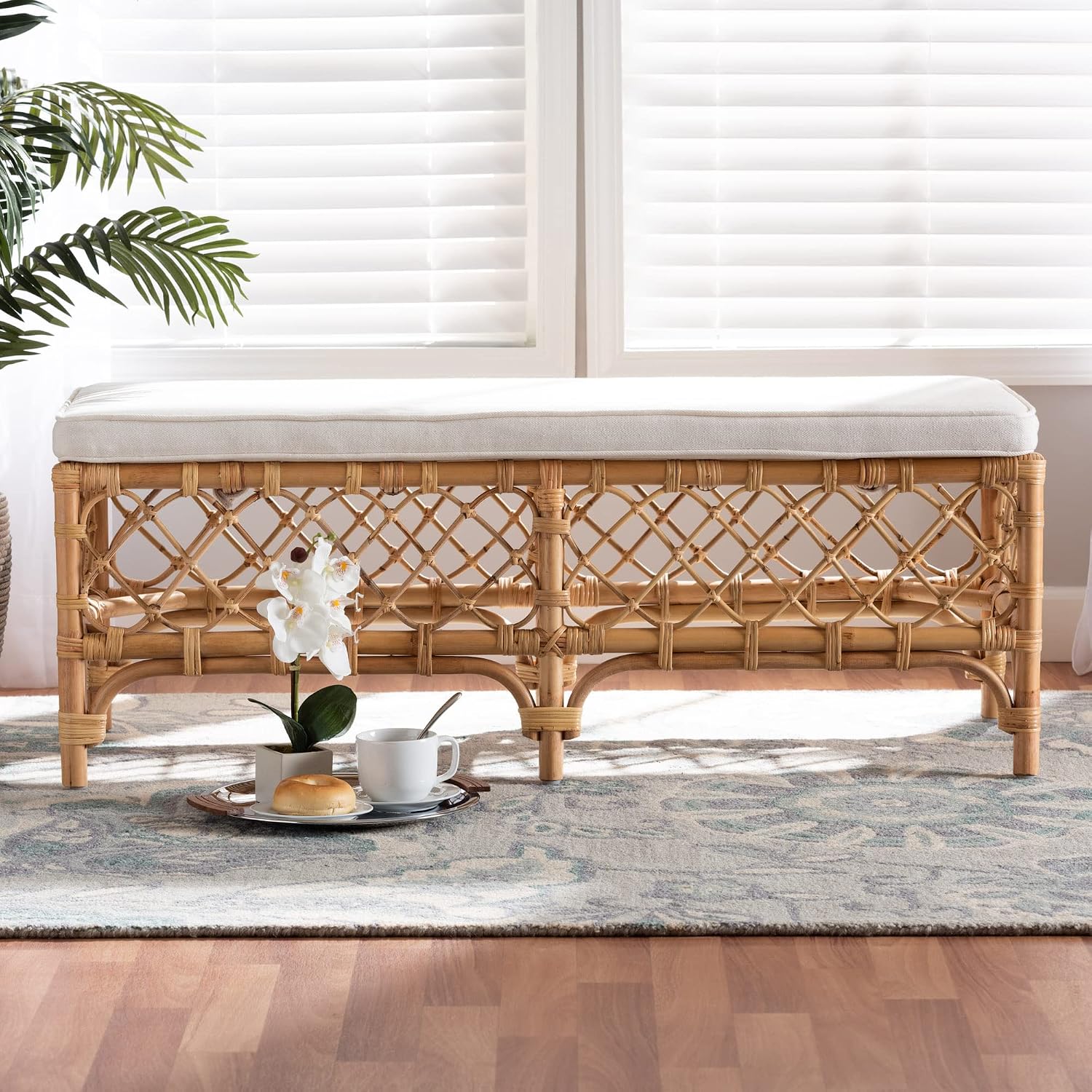 48" Natural Rattan Bench White Cushion