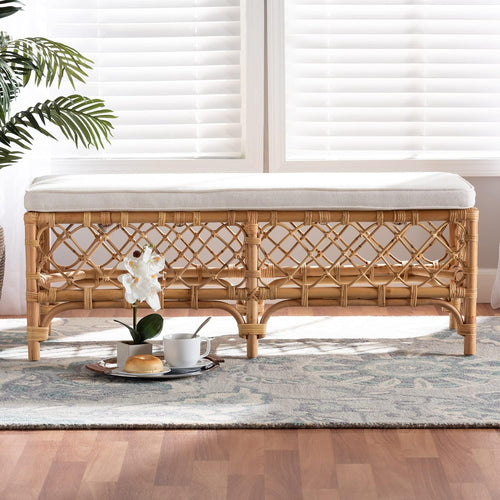 48" Natural Rattan Bench White Cushion