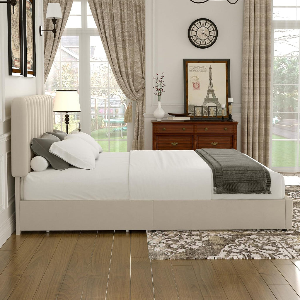 VECELO Beige Velvet Full Storage Bed