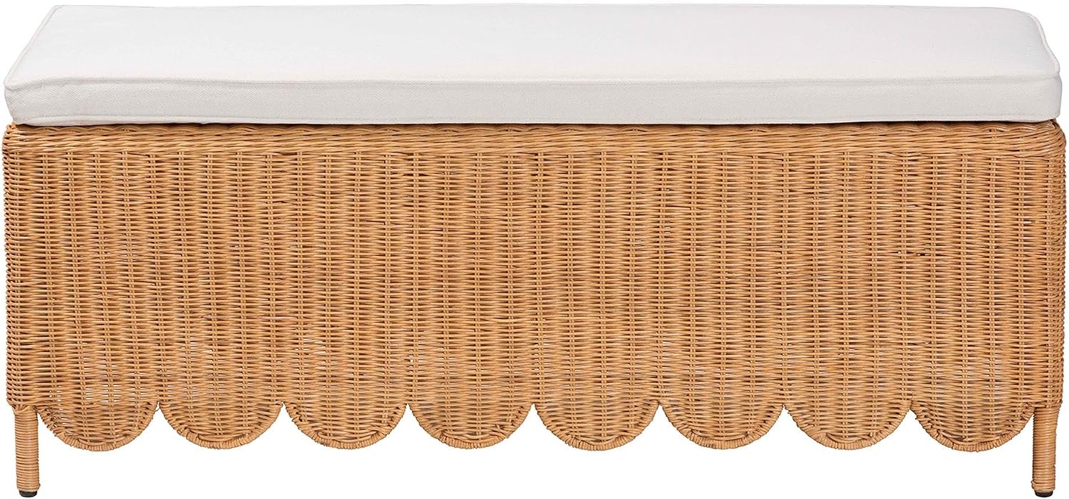 Light Honey Scalloped Rattan Ottoman Bench