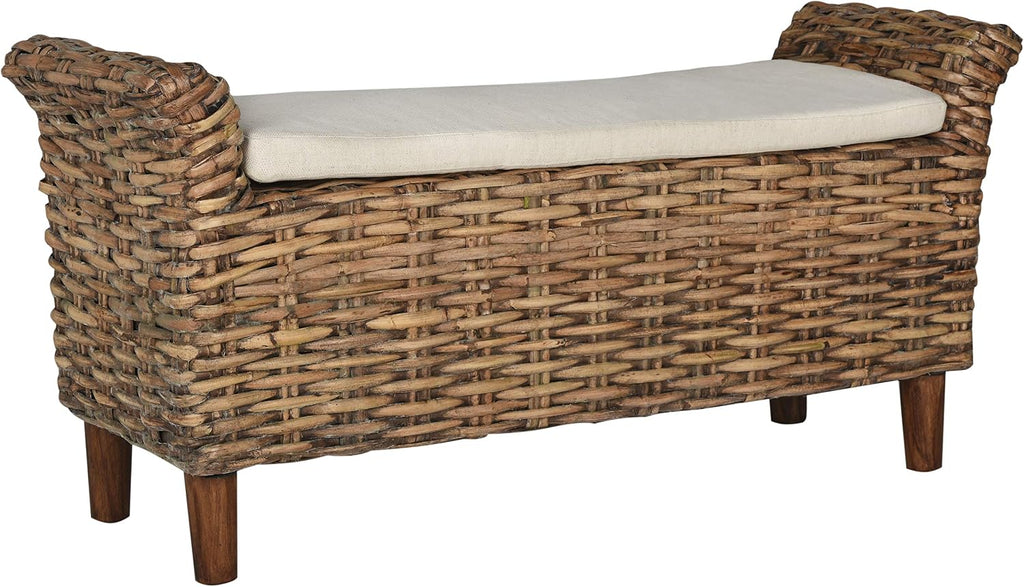 White Brown Mango Wood Coastal Woven Bench