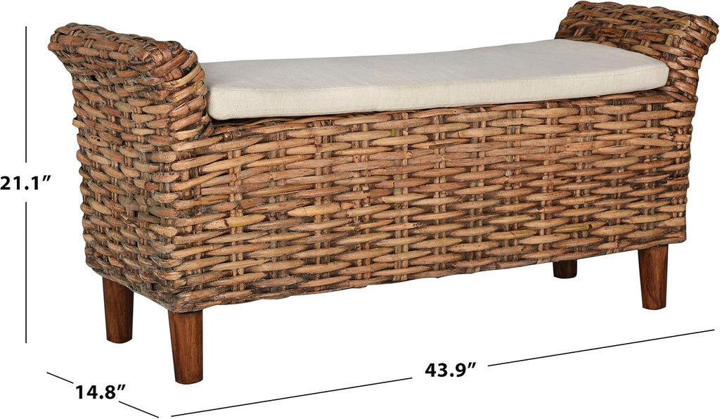 White Brown Mango Wood Coastal Woven Bench