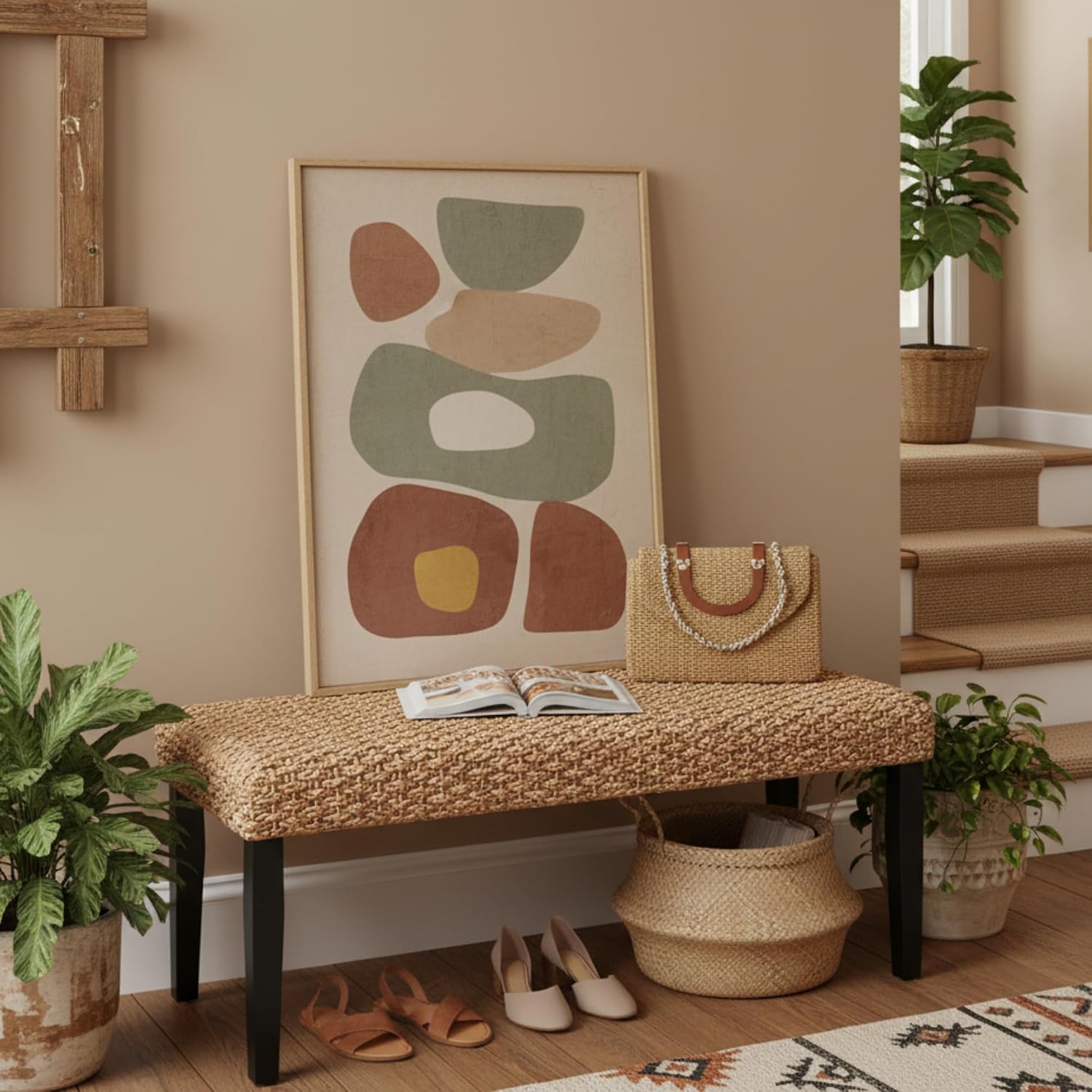 Black Acacia Water Hyacinth Woven Bench