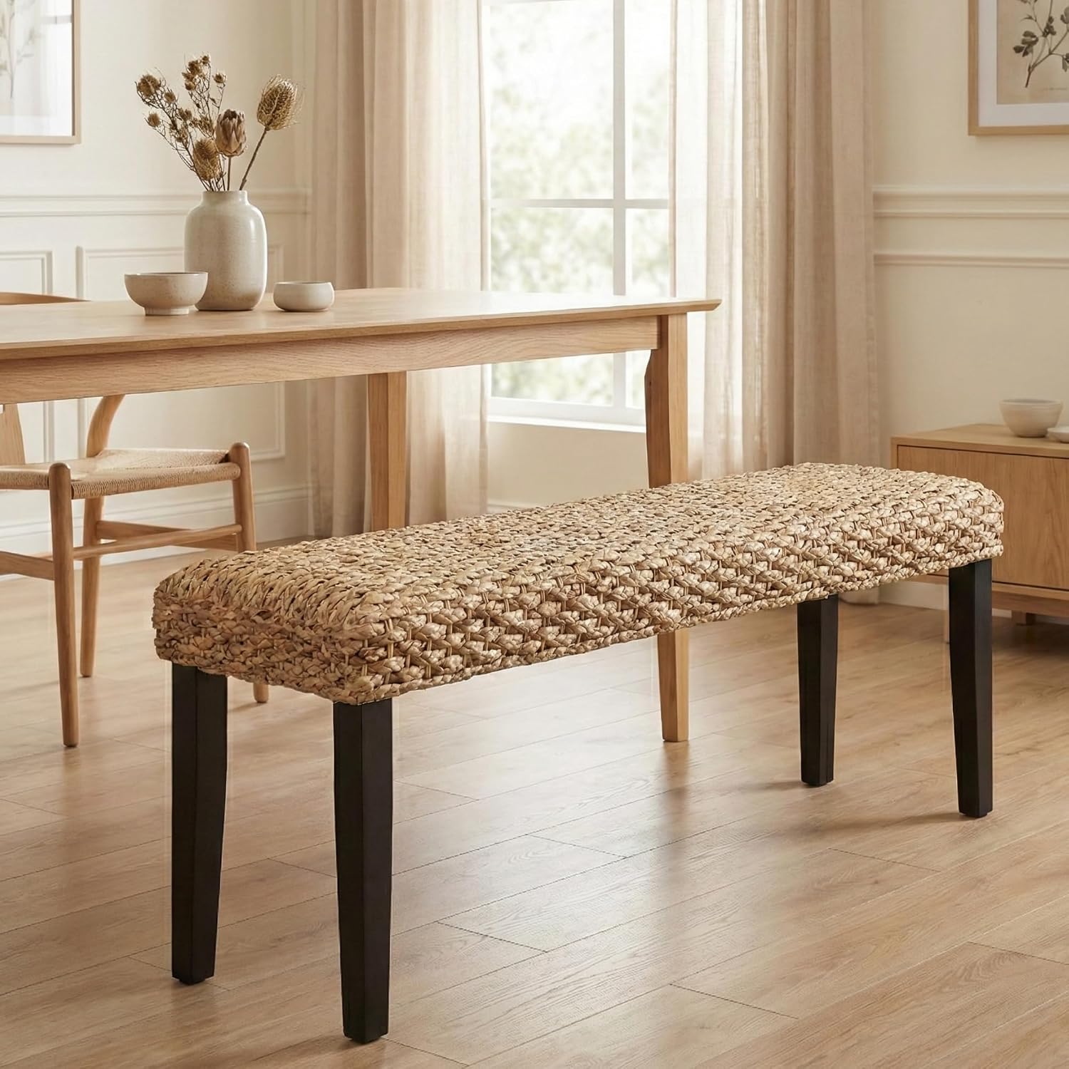 Black Acacia Water Hyacinth Woven Bench