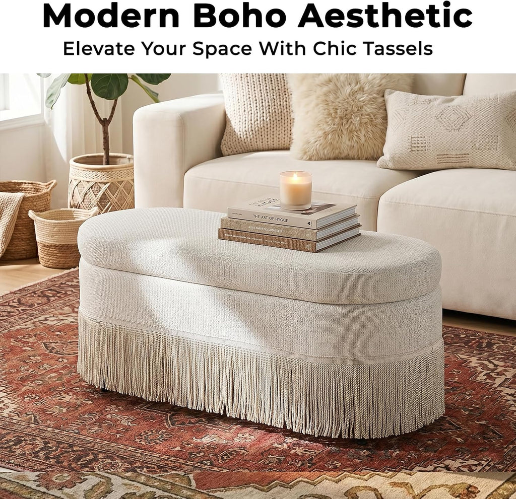 Beige Tassel Storage Ottoman Bench