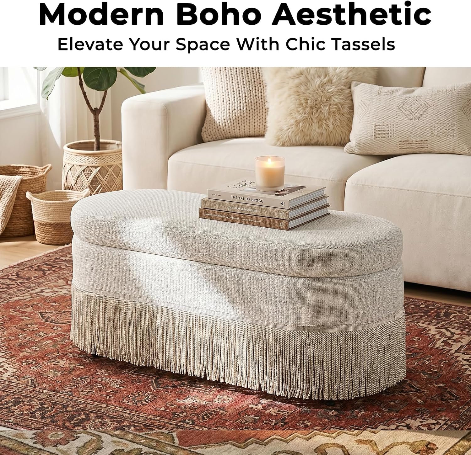 Beige Tassel Storage Ottoman Bench