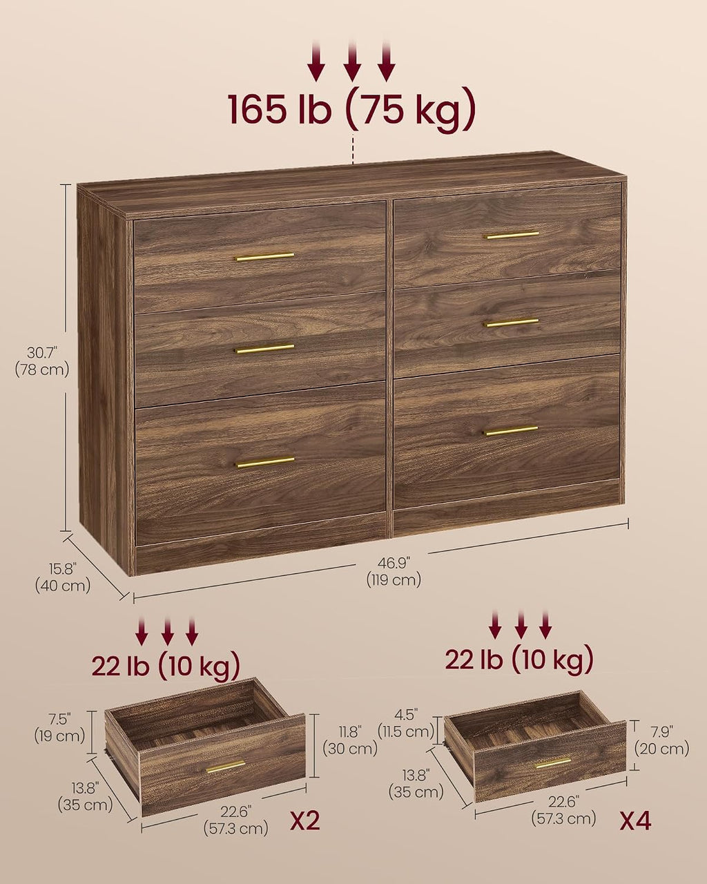 Walnut Brown 6 Drawer Dresser