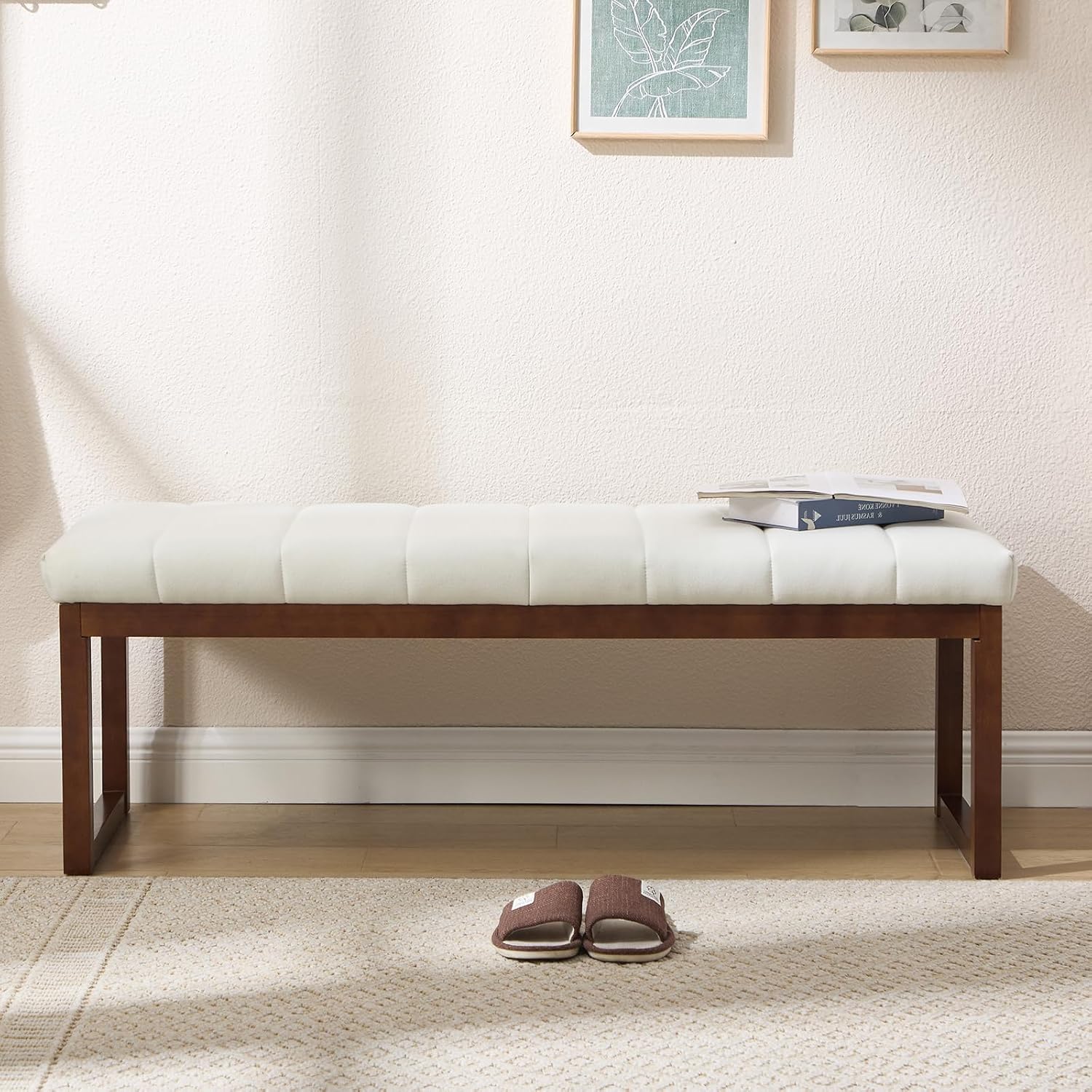Cream Linen Upholstered Bedroom Bench