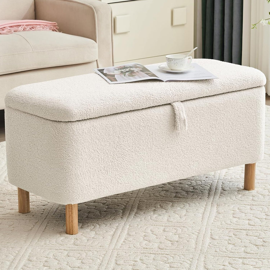 White Boucle Sherpa Storage Ottoman Bench