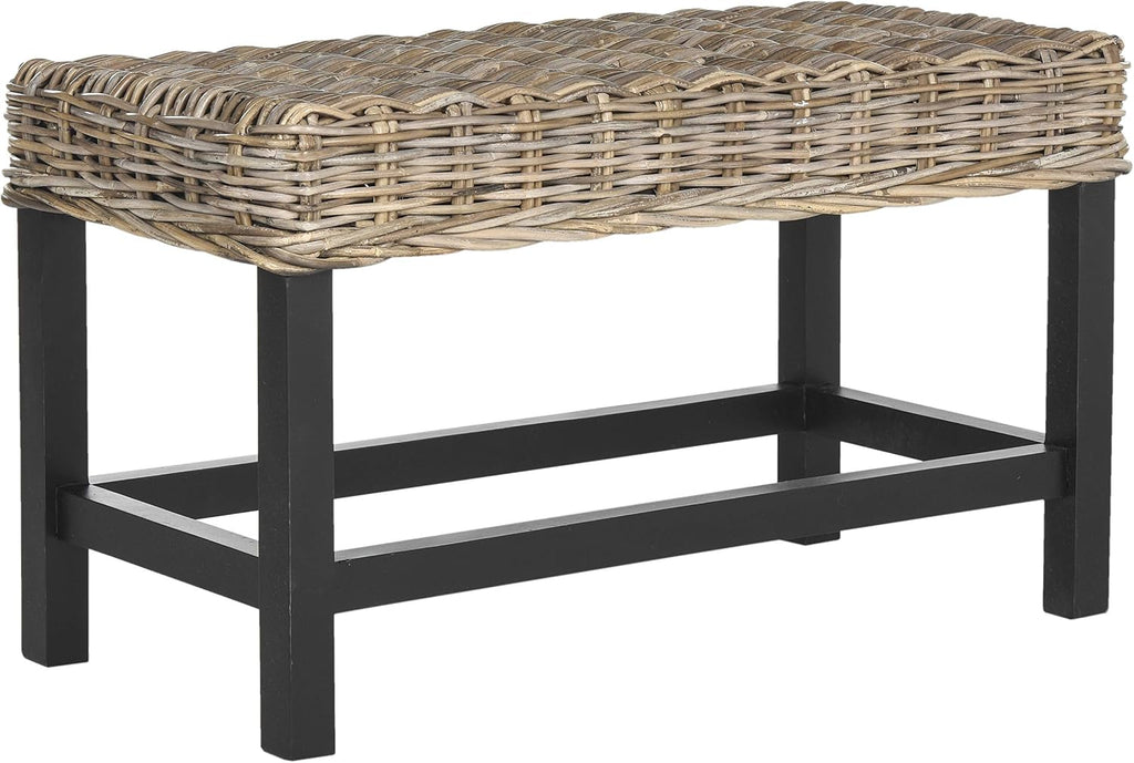 Natural Wicker Mahogany Leg Accent Bench