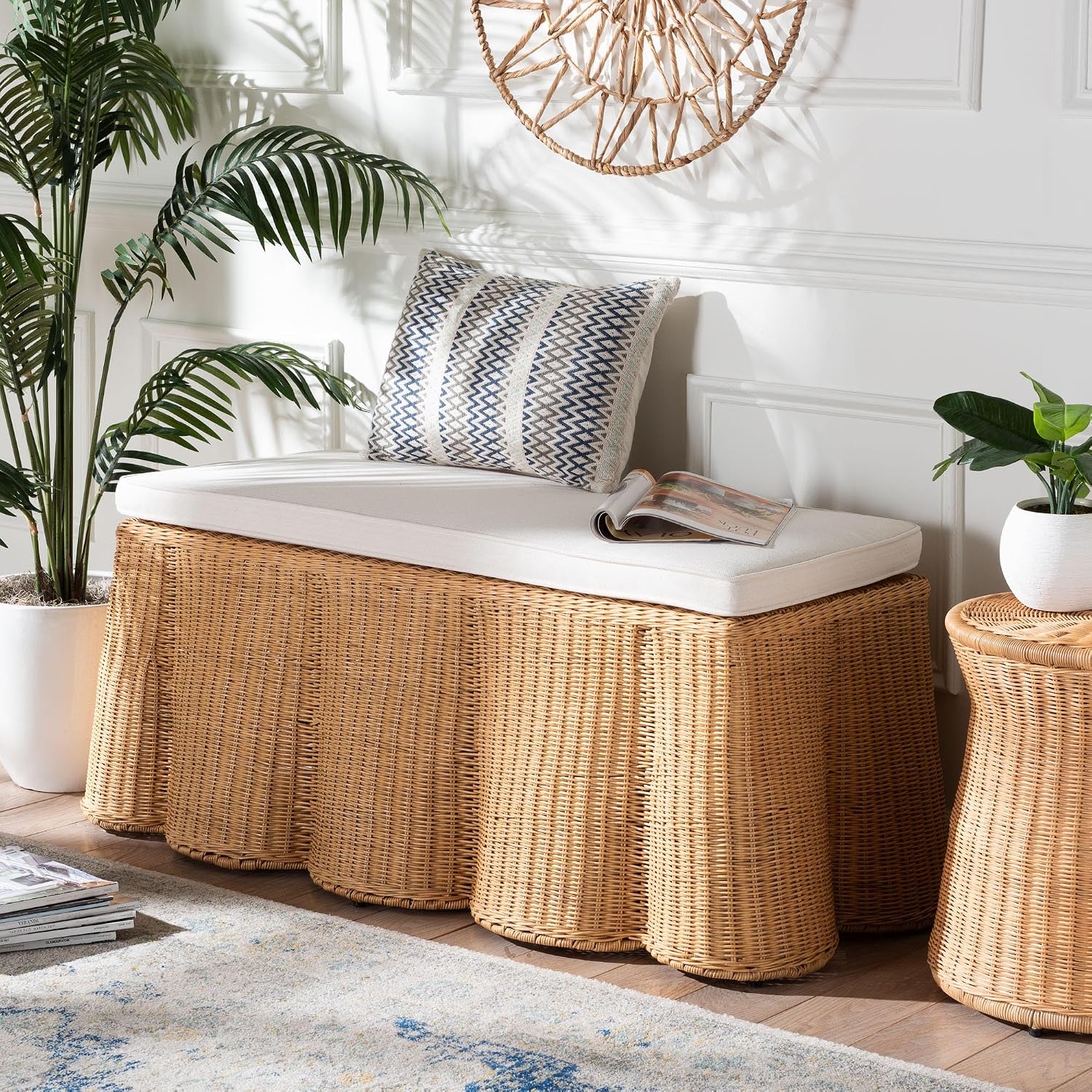 Natural Rattan Scallop Ottoman with Cushion