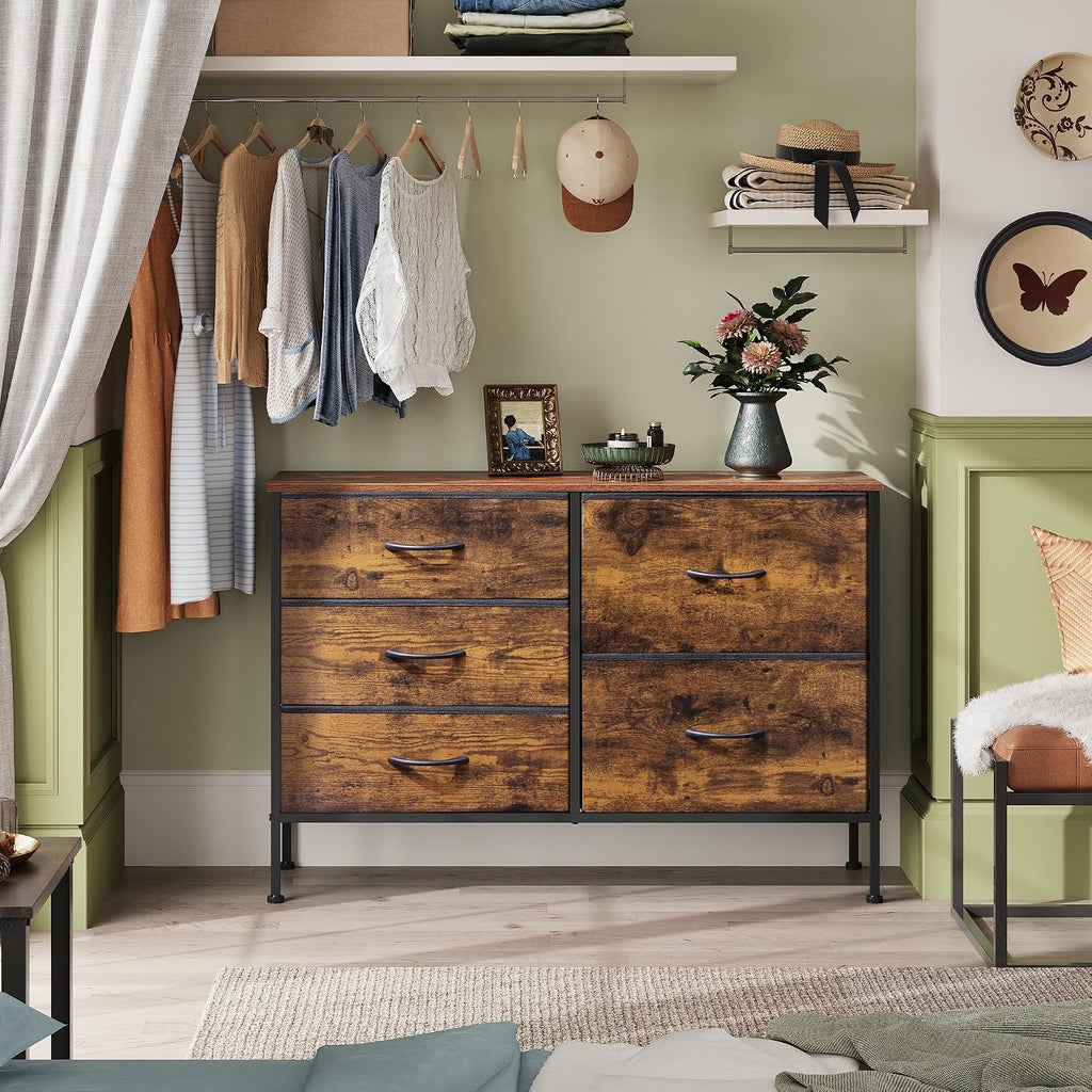 Rustic Brown 5 Drawer Fabric Dresser