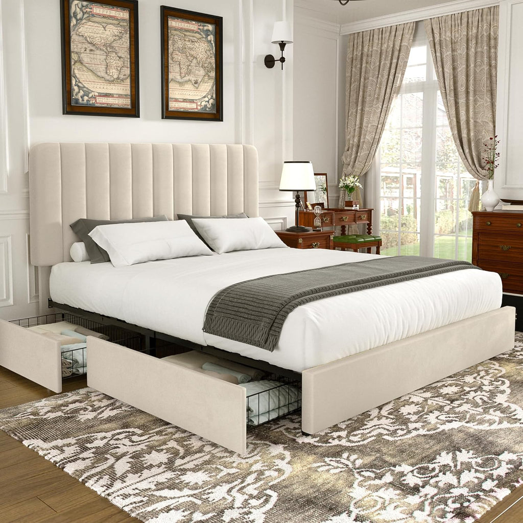 VECELO Beige Velvet Full Storage Bed