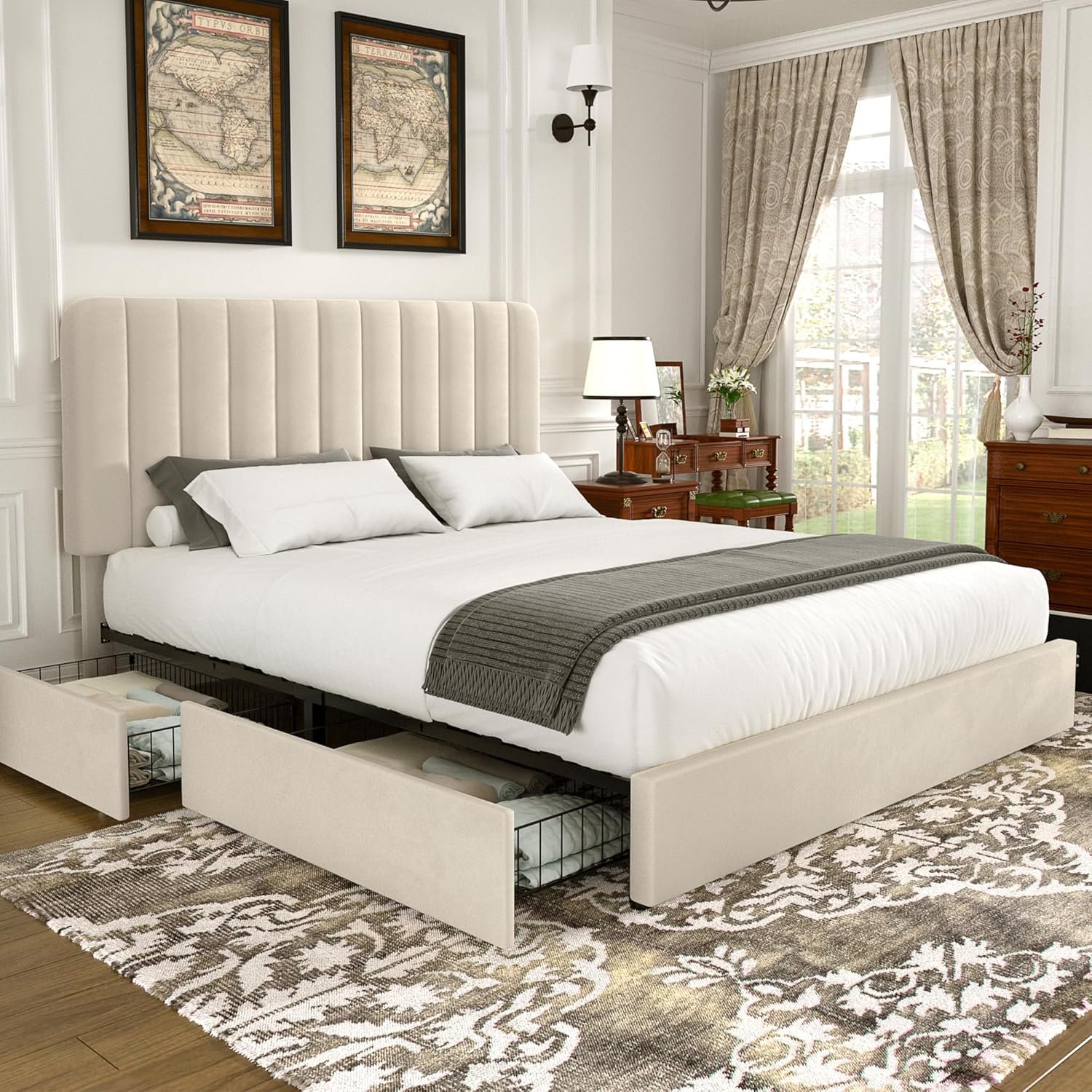 VECELO Beige Velvet Full Storage Bed