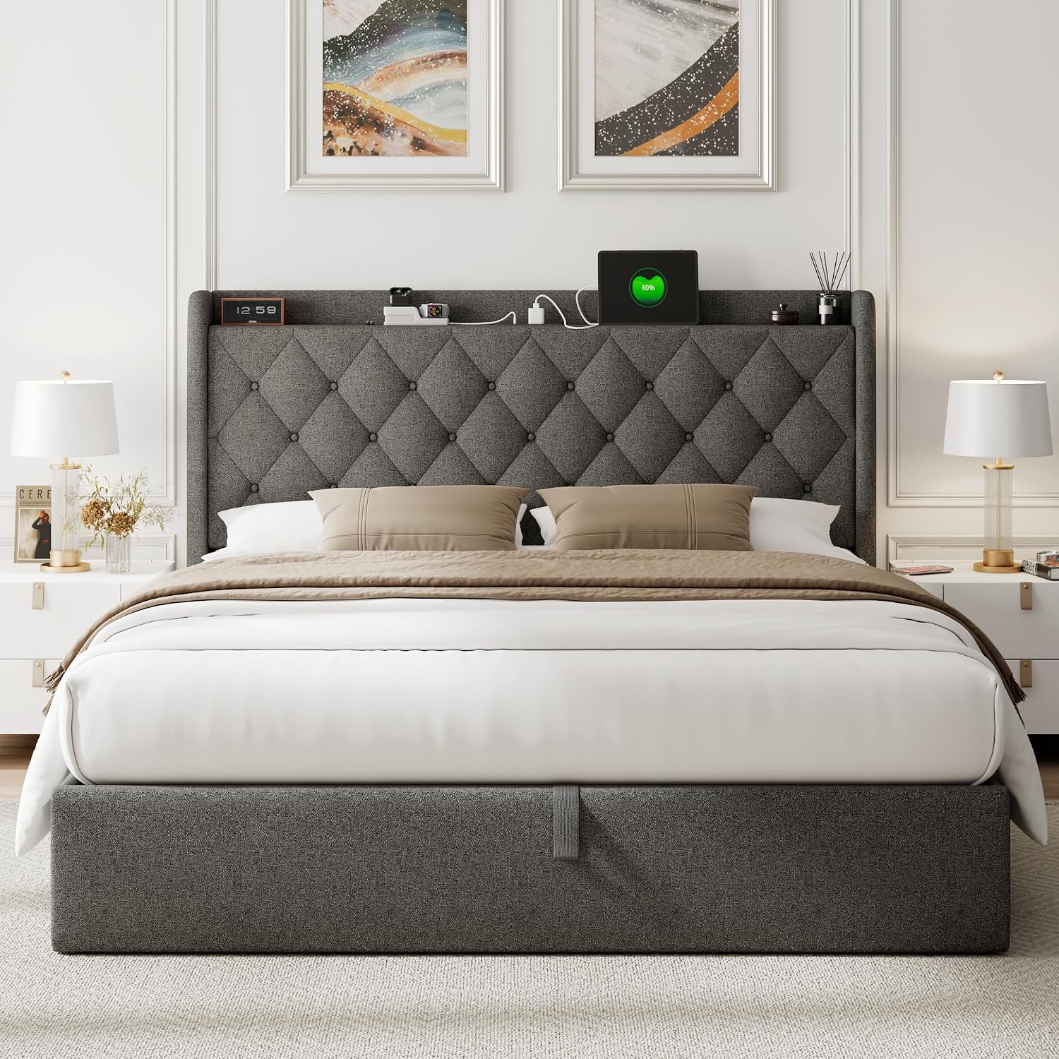 Feonase Dark Gray Lift Storage Queen Bed