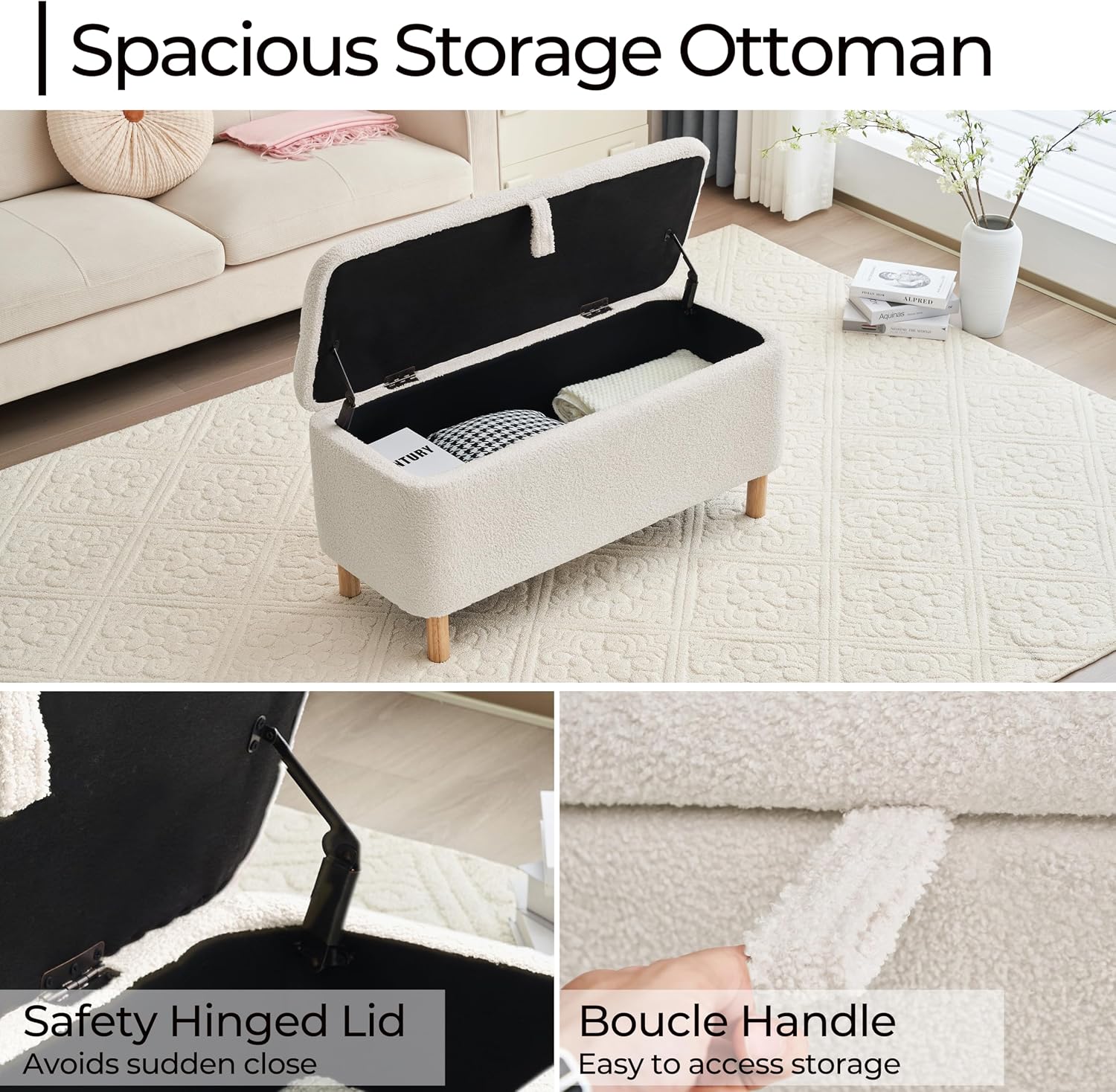 White Boucle Sherpa Storage Ottoman Bench