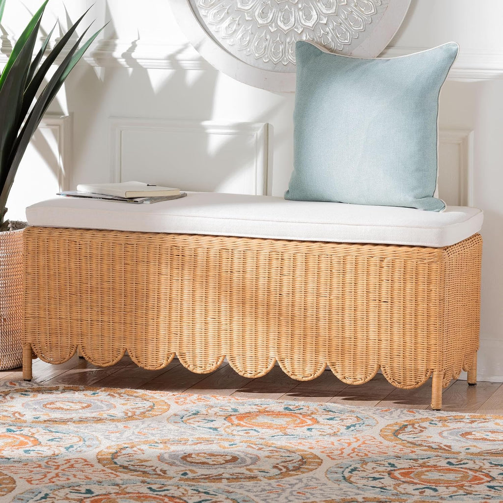 Light Honey Scalloped Rattan Ottoman Bench