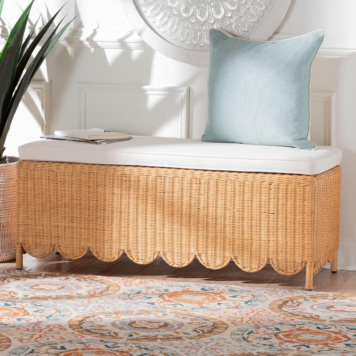 Light Honey Scalloped Rattan Ottoman Bench
