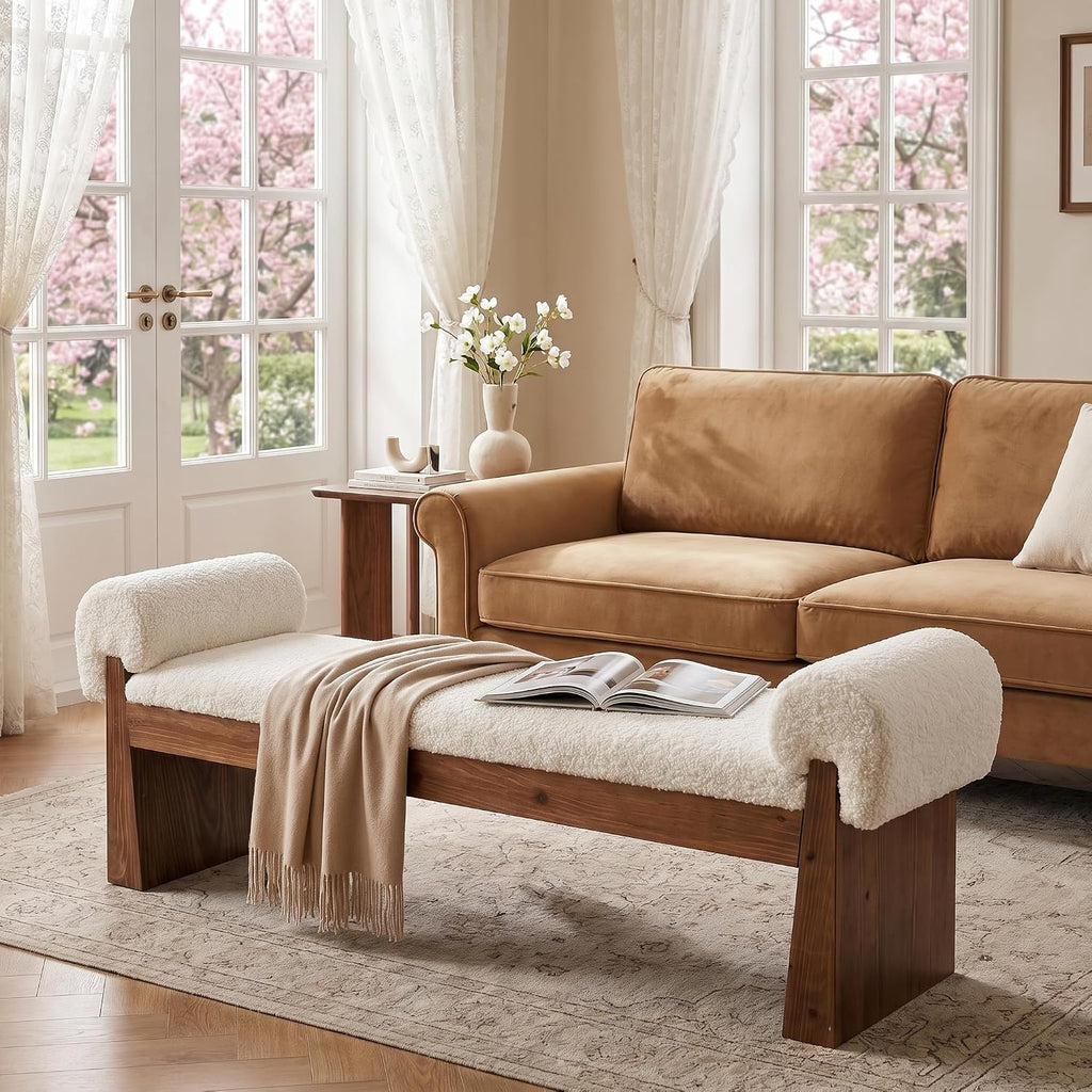 Sherpa Armrest Solid Wood Ottoman Bench
