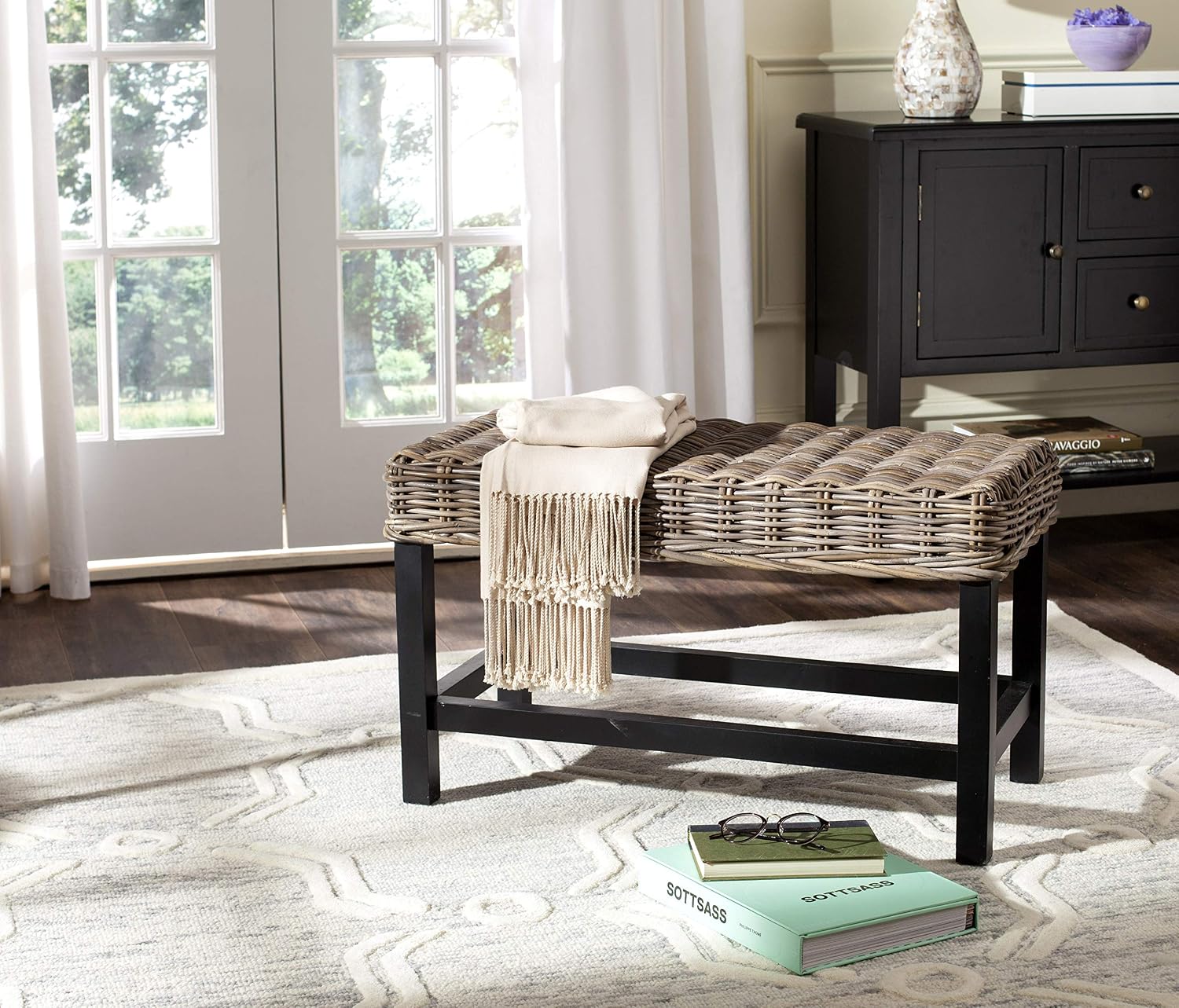 Natural Wicker Mahogany Leg Accent Bench