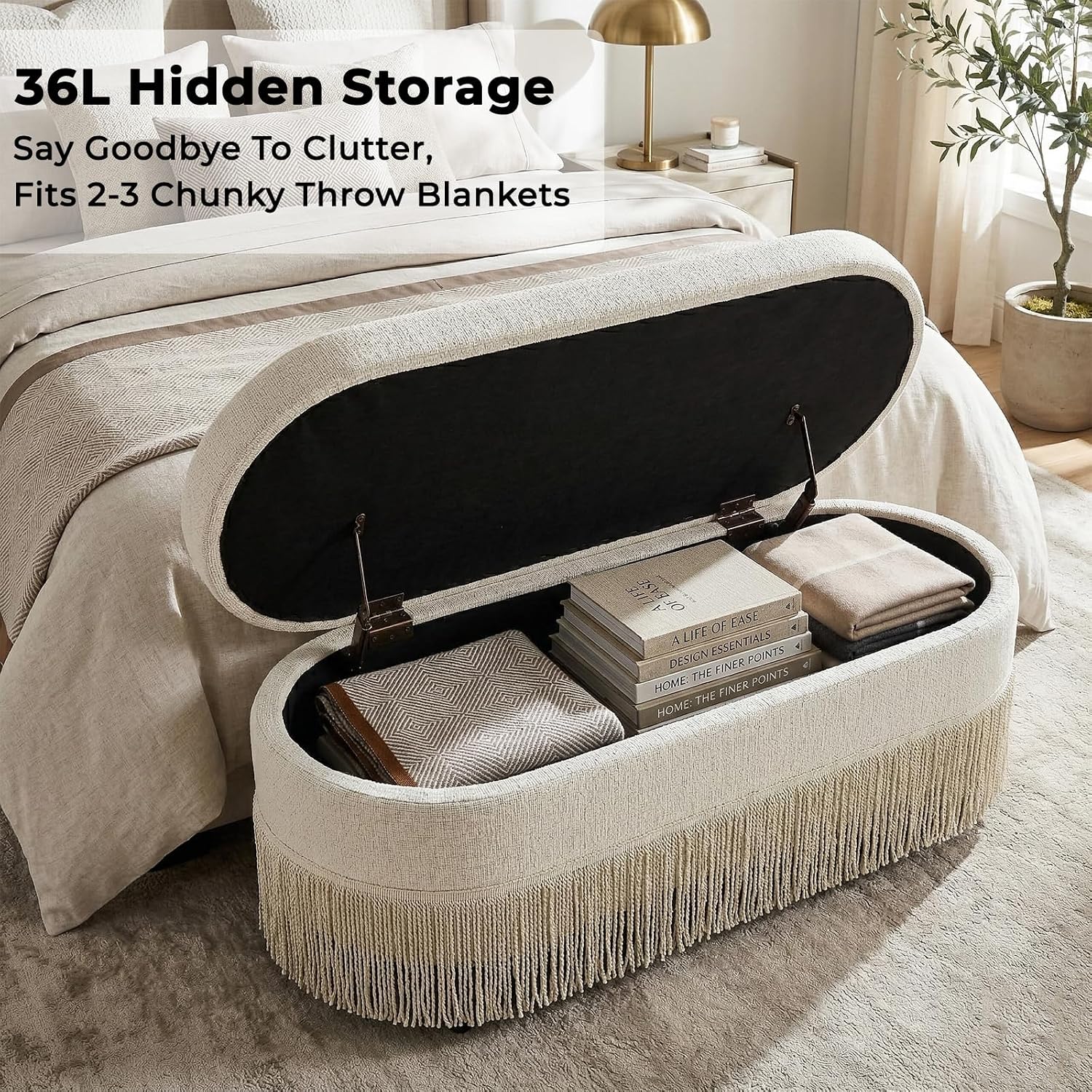 Beige Tassel Storage Ottoman Bench