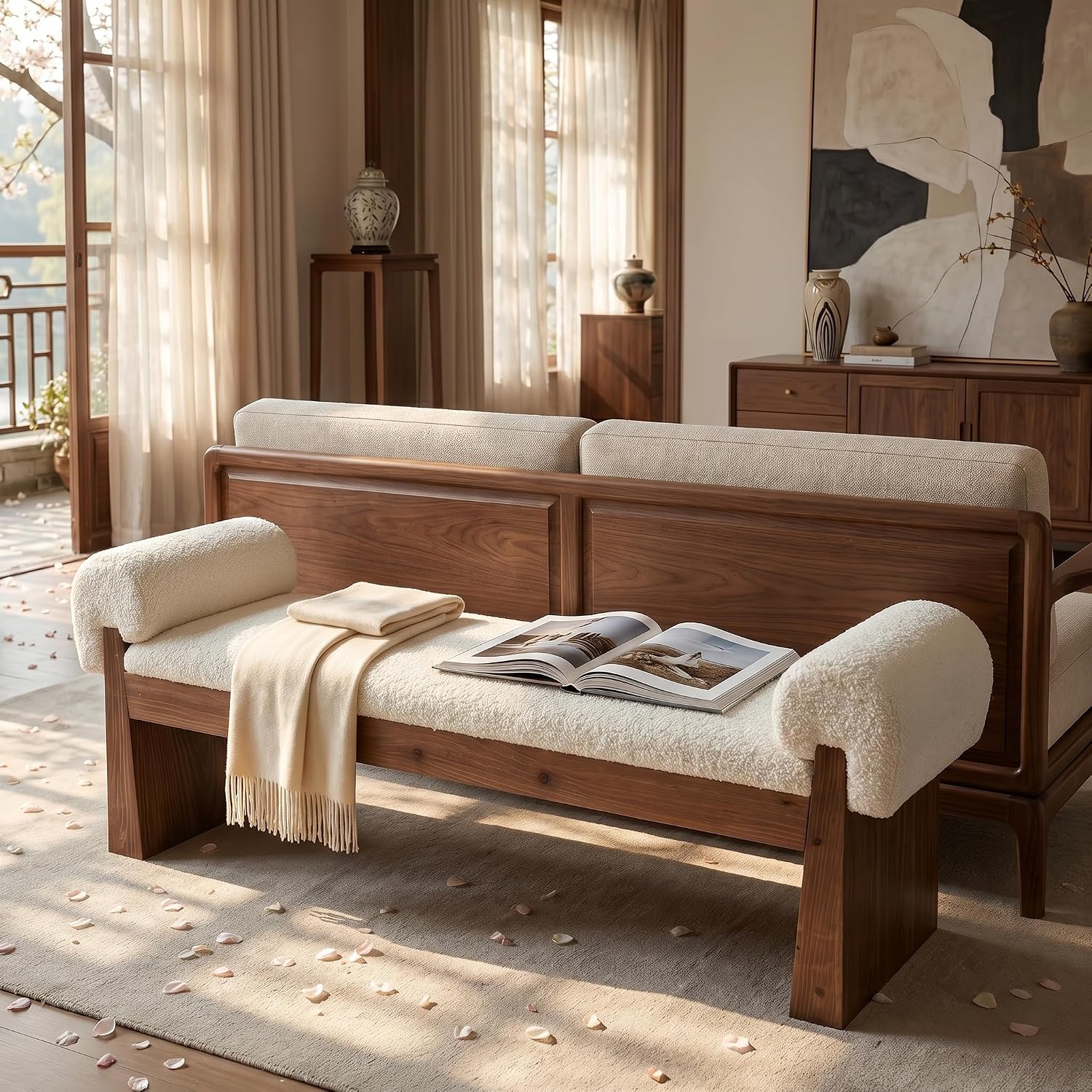 Sherpa Armrest Solid Wood Ottoman Bench
