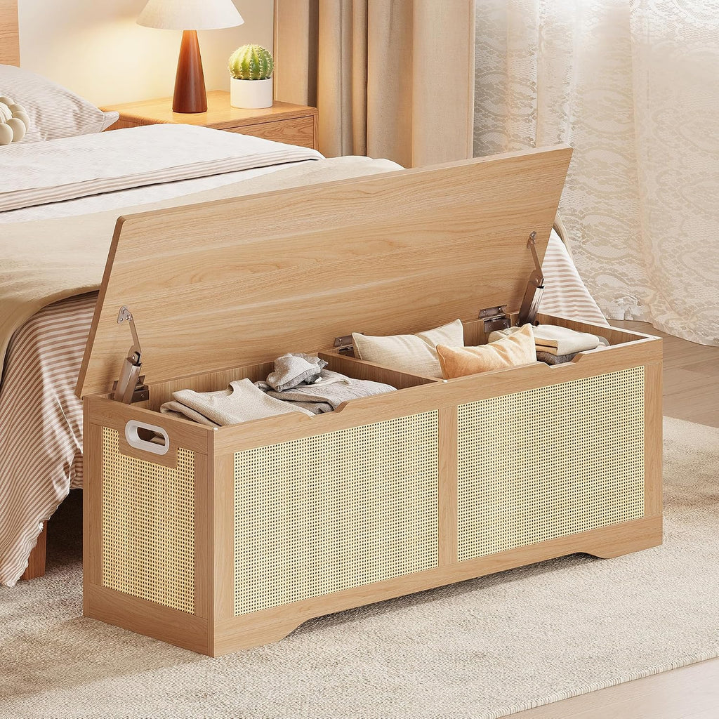 47.2" Rustic Wood Rattan Storage Ottoman Bench