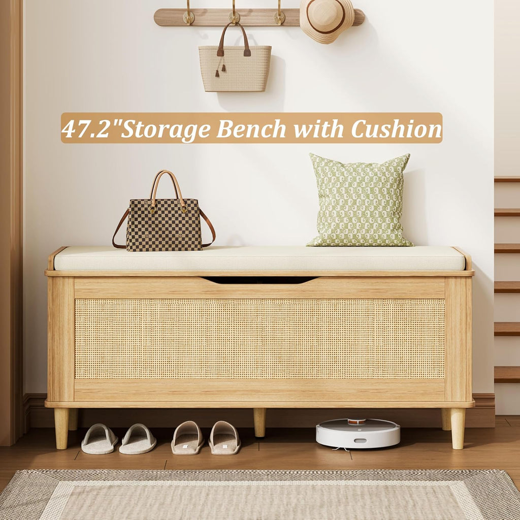 47.2" Oak Rattan Storage Bench Cushioned Seat