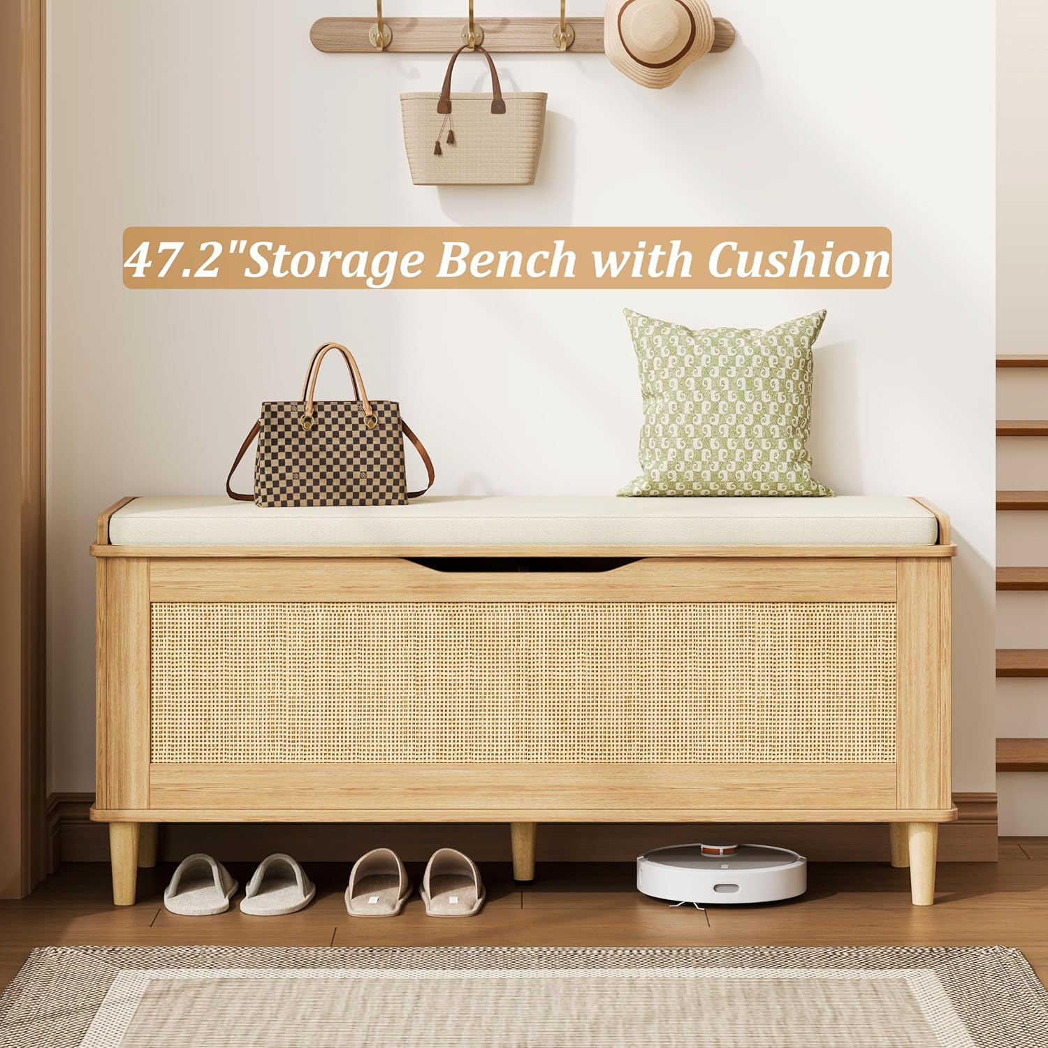 47.2" Oak Rattan Storage Bench Cushioned Seat