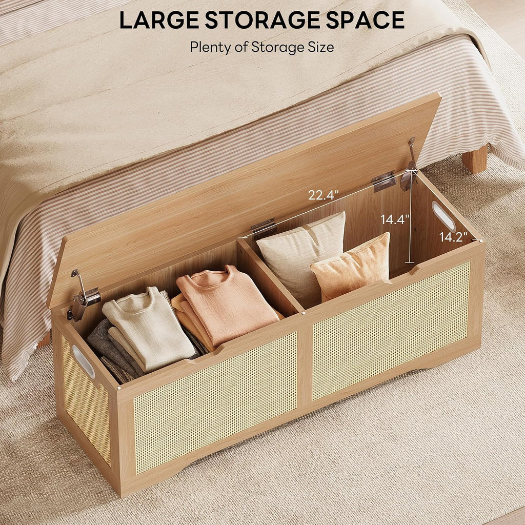 47.2" Rustic Wood Rattan Storage Ottoman Bench