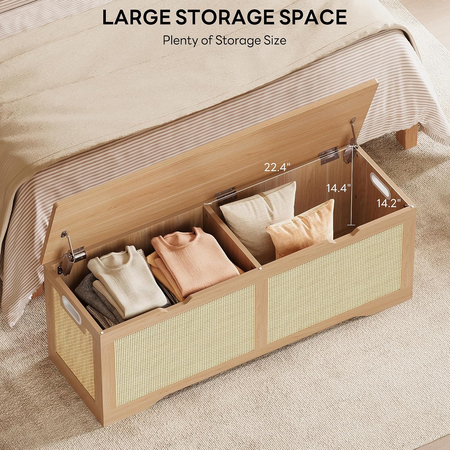 47.2" Rustic Wood Rattan Storage Ottoman Bench