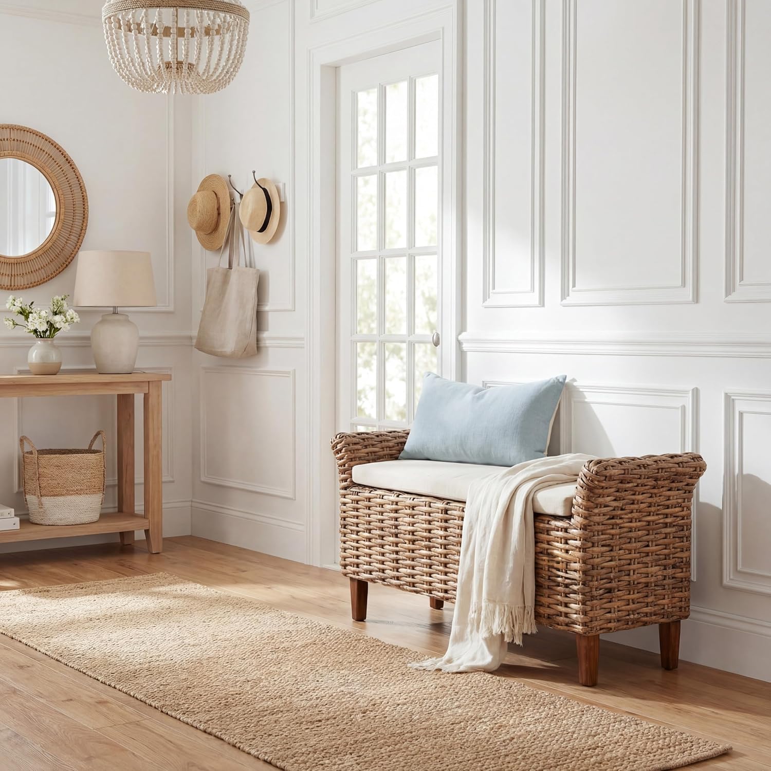White Brown Mango Wood Coastal Woven Bench