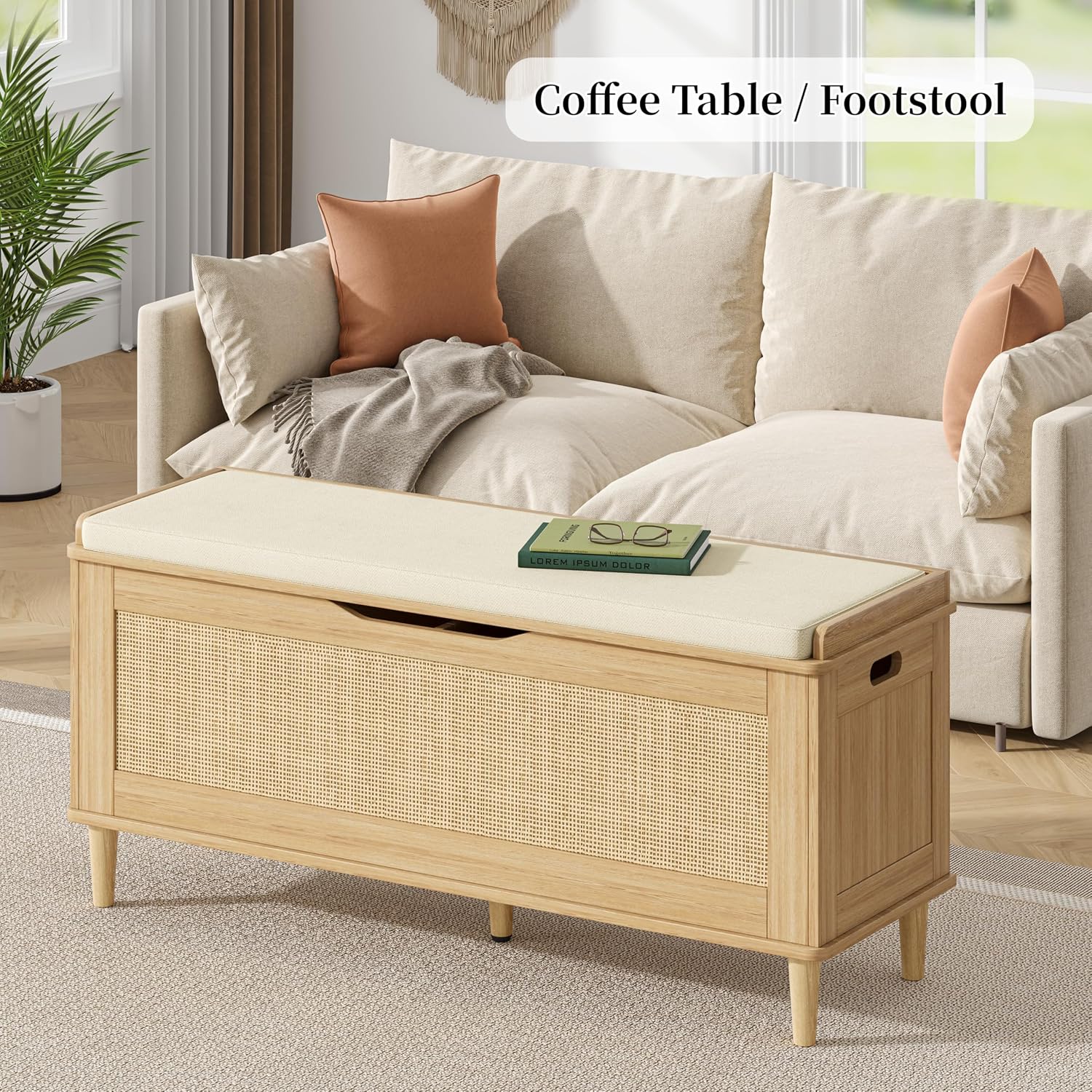 47.2" Oak Rattan Storage Bench Cushioned Seat